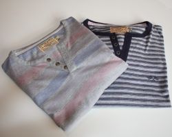 Henley T-Shirts from the Logan Menswear Summer 2017-18 collection. Pictured L-R: Etterick Henley - Denim & Rosewood stripe and Brava Organic Cotton Henley - Navy & Cream stripe, both $49.99